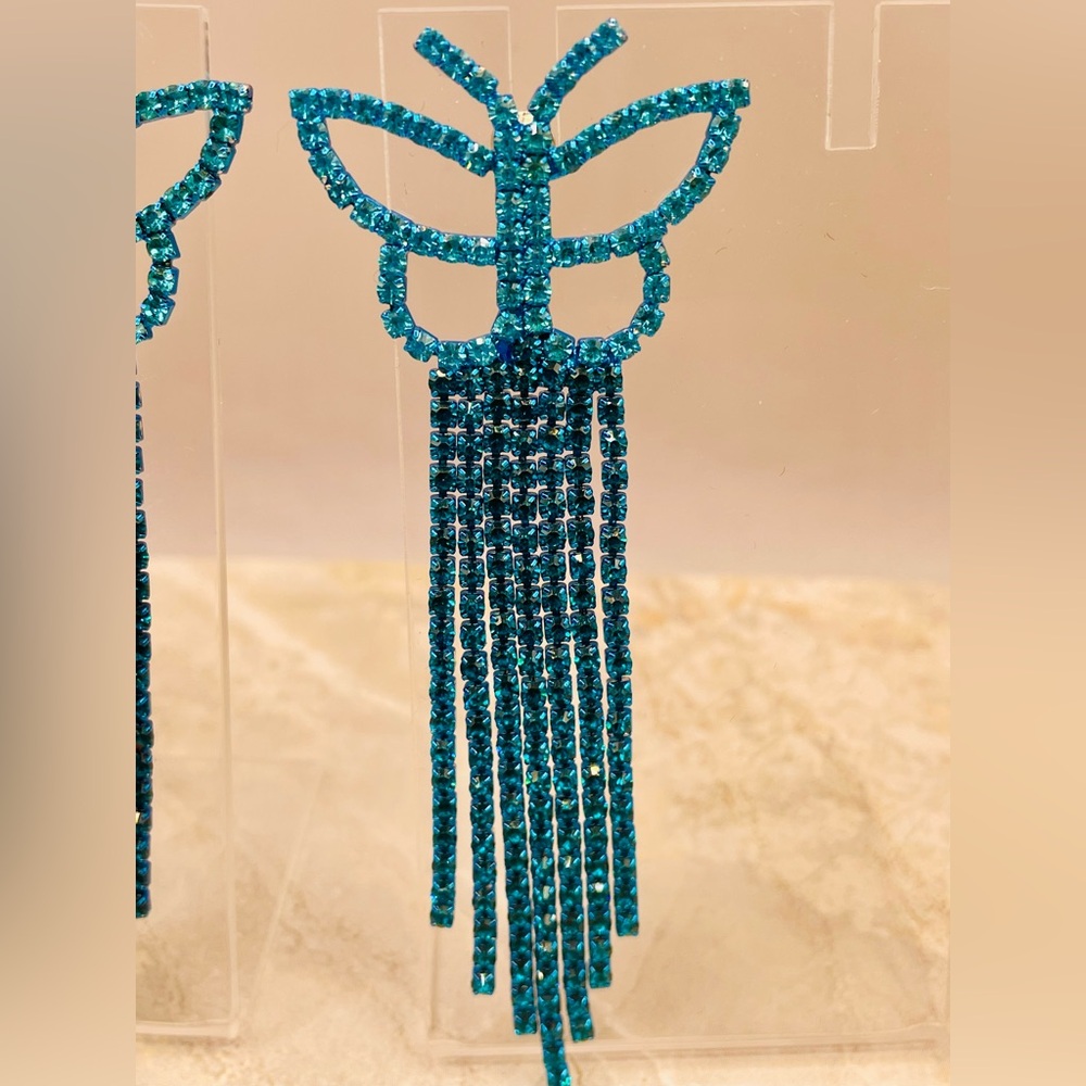 Blue Turquoise Statement Butterfly Rhinestone Dan… - image 3